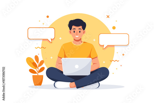 Young caucasian male using laptop with speech bubbles and plant