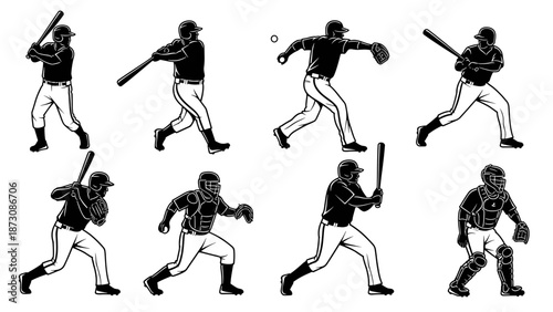 Baseball Player Action Poses Silhouette Collection.
