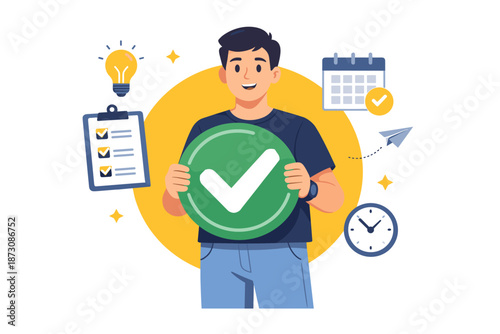 Young caucasian male holding checkmark sign with productivity icons around