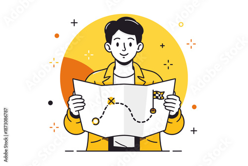 Young caucasian male navigating with map in vibrant abstract background