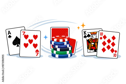 Casino poker set with playing cards and colorful poker chips