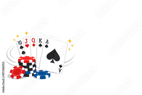 Poker royal flush with colorful chips on white background