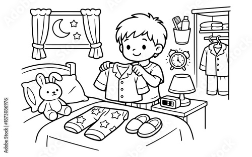 Cute cartoon boy holding pajamas getting ready for bed in his bedroom