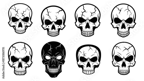 Collection of Eight Scary Skull Illustrations for Design.