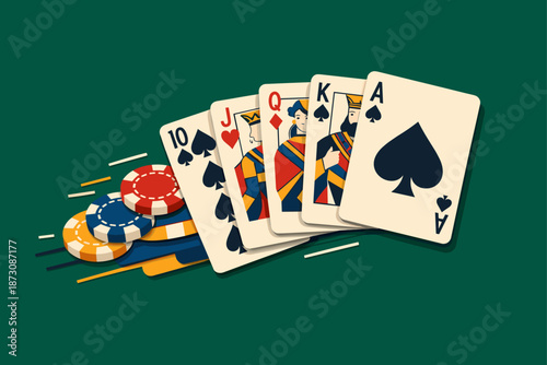 Royal flush with poker chips on green background