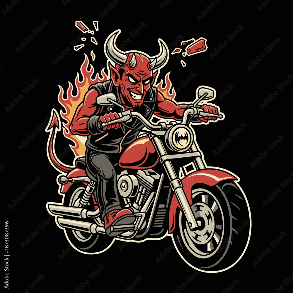 Fototapeta premium Devil Riding a Motorcycle with Flames.