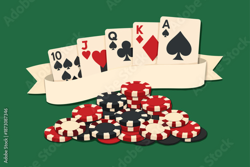 Poker chips and royal flush cards on green table background