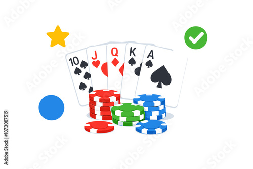 Poker card hand with colorful chips and playful symbols