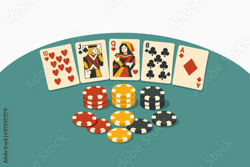 Playing cards and poker chips on green table