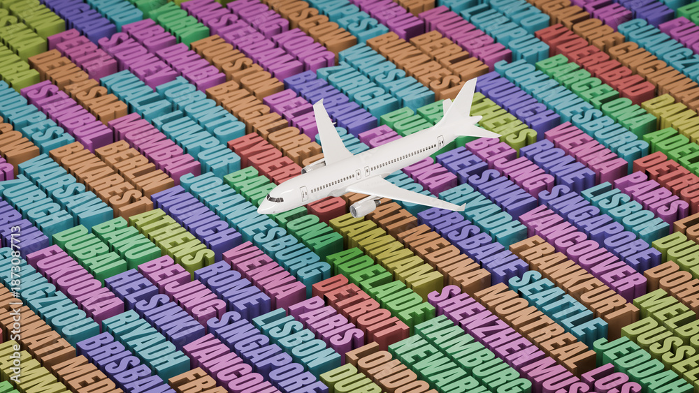 Obraz premium Flight Industry concept. A model airplane cruising over the names of the main airport cities of the world.
