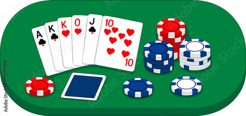 Royal flush with poker chips on green table