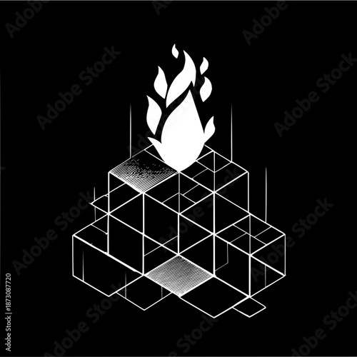 White flame atop an isometric cube structure with line shading on a black background illustration
