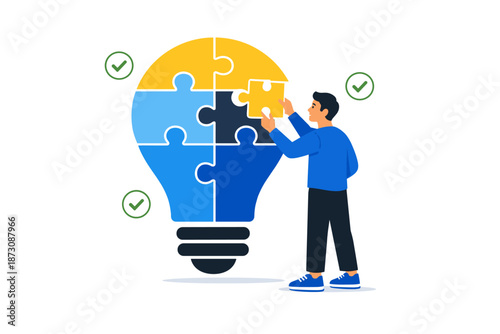 Asian male adult solving puzzle in light bulb concept art with checkmarks