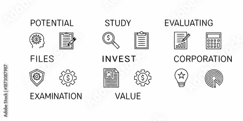 Business concepts illustrated with icons potential study evaluation and more