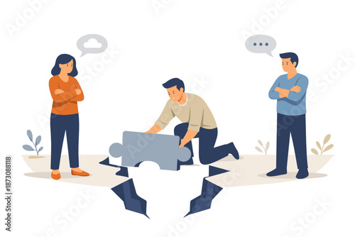 Teamwork communication puzzle solving concept with adults bridging gap