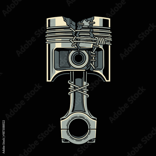 Damaged Piston Wrapped in Barbed Wire.