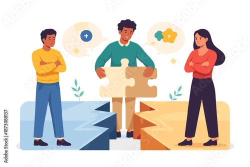 Diverse team collaborating with puzzle pieces to bridge gap conflict resolution
