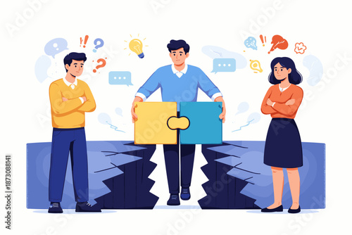 Young adults solving conflict through teamwork with puzzle pieces