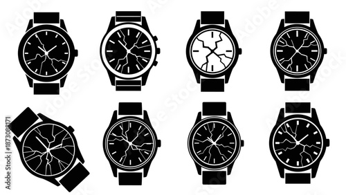 Collection of Eight Black Wristwatches with Cracked Faces.