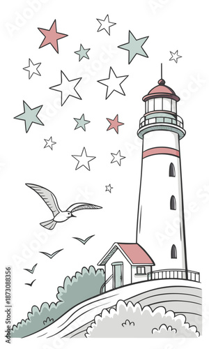 Lighthouse and Stars Illustration with Seagulls.