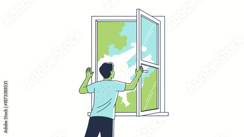 Man opening window to fresh air and sunny outdoors