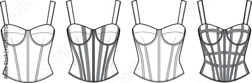 Set of four women's corset bustier top fashion flat technical drawing vector templates.