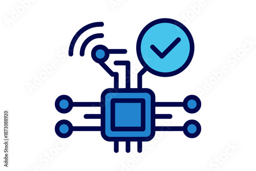 Digital technology with wireless signal and confirmation checkmark.