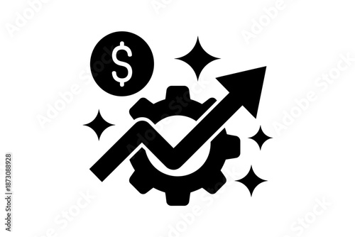 An upward trend arrow signifies financial growth and success, with a gear symbolizing industry.