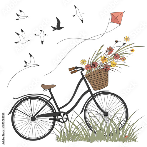 Whimsical Bicycle Ride with Flowers Kite and Birds.