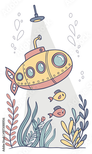 Whimsical Submarine Adventure A Colorful Underwater Scene.