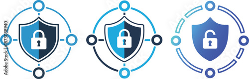 Cybersecurity flat icons: shield, padlock, and unlocked padlock