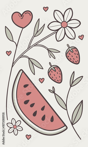 Whimsical Summer Fruits and Floral Illustration with Heart Accents.