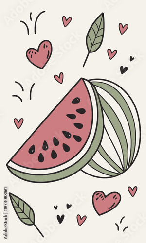 Whimsical Watermelon Slice with Hearts and Leaves Illustration.