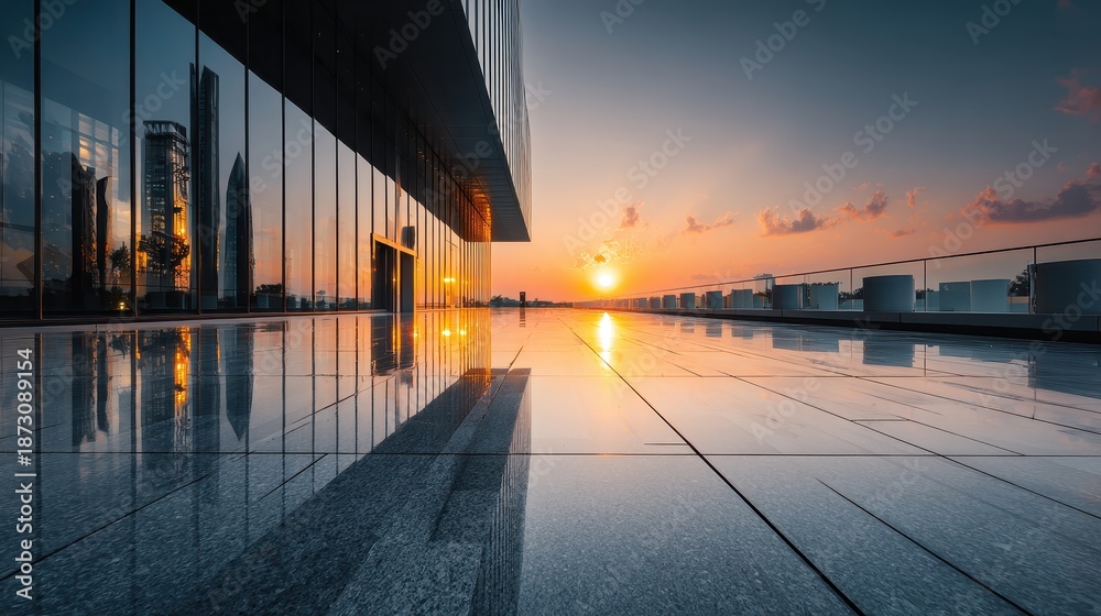 Fototapeta premium Modern building reflecting sunset light in its glass windows and tiled floor. Ideal for illustrating success, urban development, or future concepts.