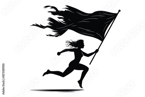 Silhouette of a determined woman running with a tattered black flag.