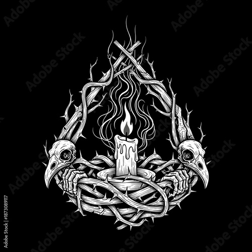 Dark occult ritual with raven skulls, thorns, and burning candle.