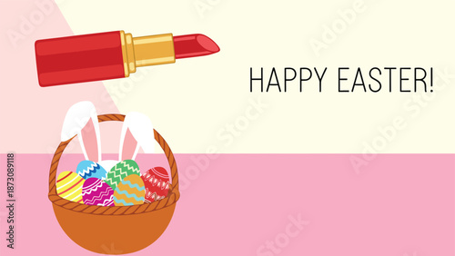 Unusual combination of a red lipstick above a brown wicker basket filled with colorful Easter eggs and cute white bunny ears.