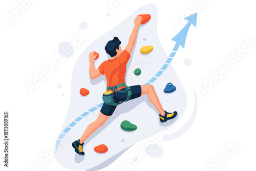 Young hispanic male rock climber ascending colorful wall reaching summit