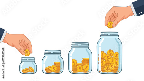Financial growth concept showing hands in suits depositing gold coins into glass jars of increasing sizes and amounts.