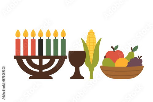 Celebration of light and harvest during a festive gathering with foods and symbols displayed together