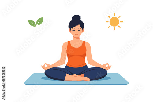 Asian female meditating in yoga pose on mat with nature elements