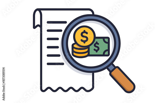 Detailed examination of receipt with money and coins using a magnifying glass in a simple office setting