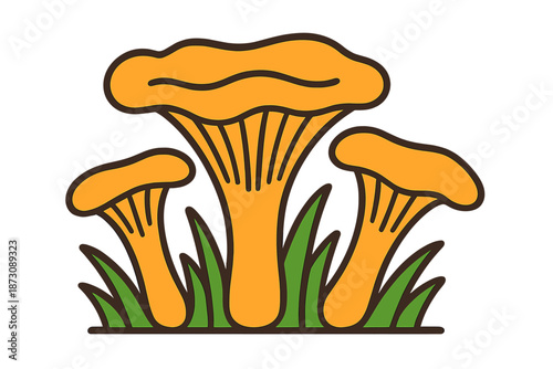 Group of three orange mushrooms growing in green grass in a simple style with clear lines and shapes