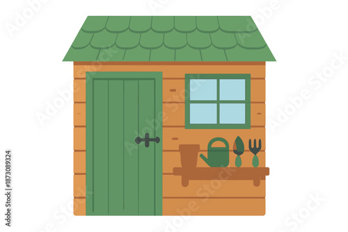 Garden shed with green roof and tools in a simple outdoor setting