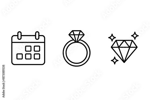 Calendar with dates, ring with diamond, and diamond graphic showing wedding themes and planning ideas for events