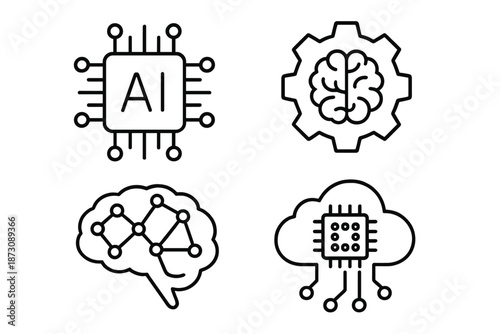 Different symbols representing artificial intelligence, brain functions, and cloud computing in digital format