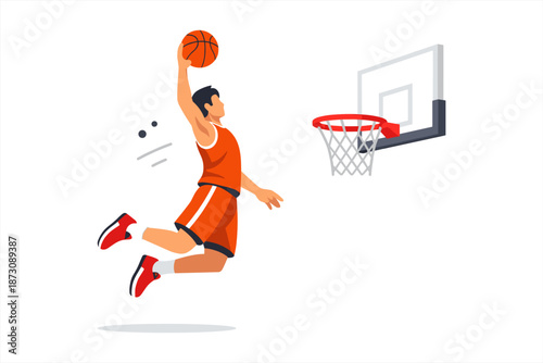 Asian male athlete performing dunk in basketball game