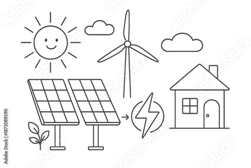 Solar panels and wind turbine show renewable energy sources with sunshine and clouds in a simple design