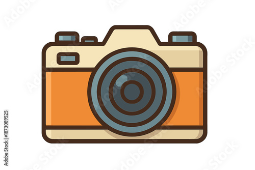 Camera with orange and cream design is placed on a simple background and highlights a modern style of photography equipment