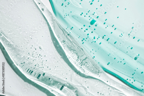 Bild auf Leinwand Liquid transparent blue and clear two products peeling or foam or serum gel cosm